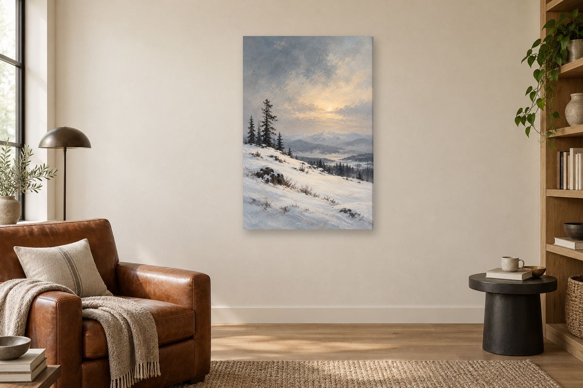 Snow Quiet in a reading corner — interior mockup with the complete original artwork