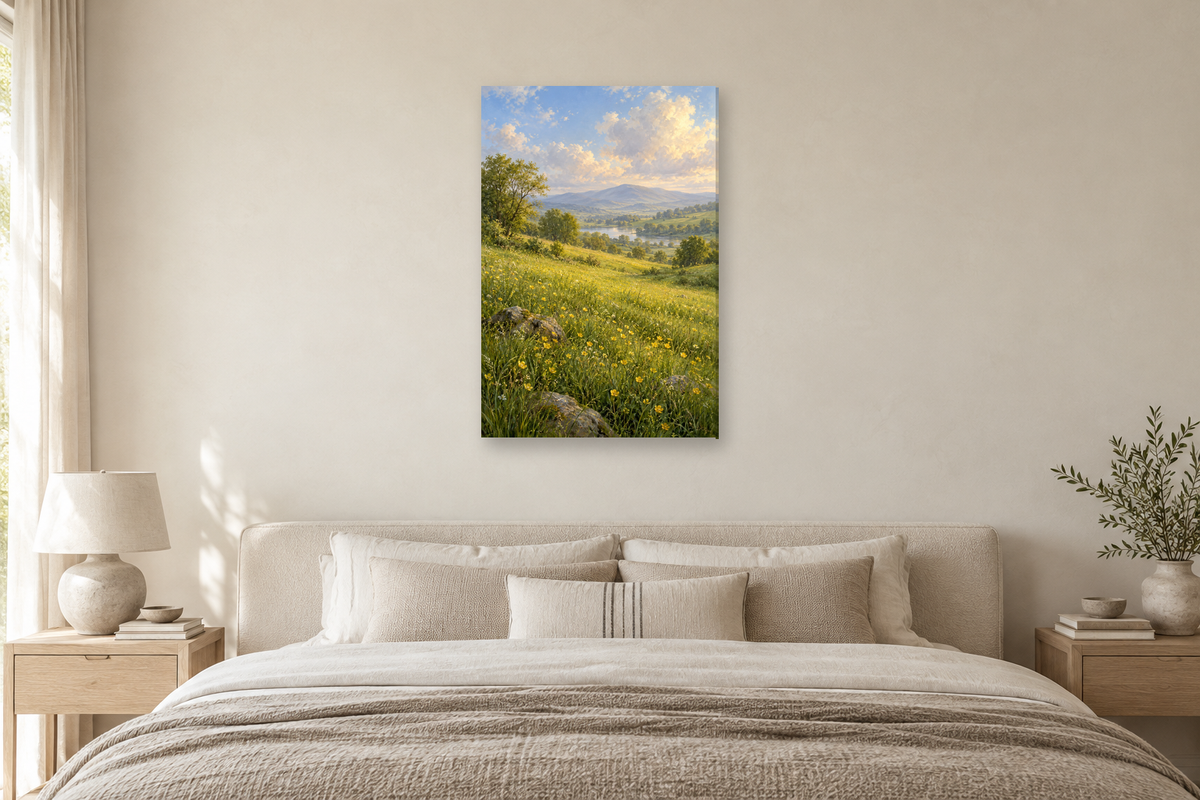 Spring Meadow in a bedroom — interior mockup with the complete original artwork