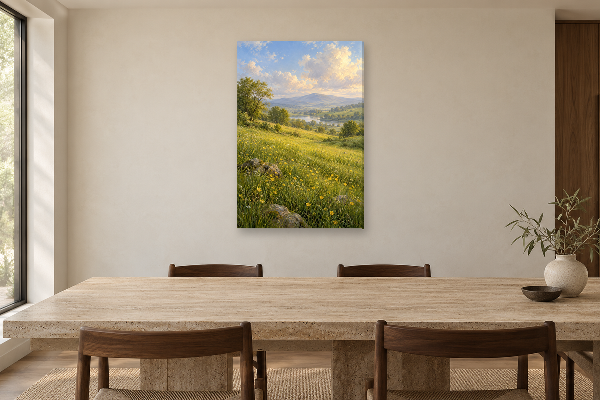 Spring Meadow in a dining room — interior mockup with the complete original artwork