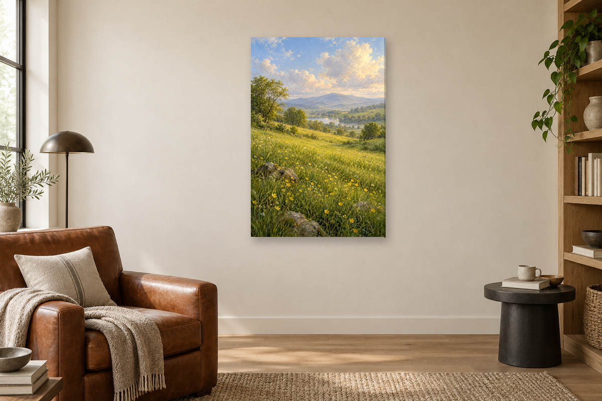 Spring Meadow in a reading corner — interior mockup with the complete original artwork