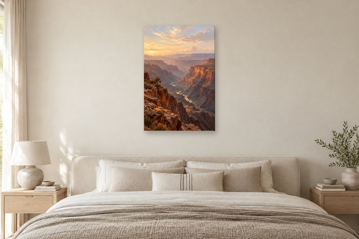 Copper Canyon in a bedroom — interior mockup with the complete original artwork
