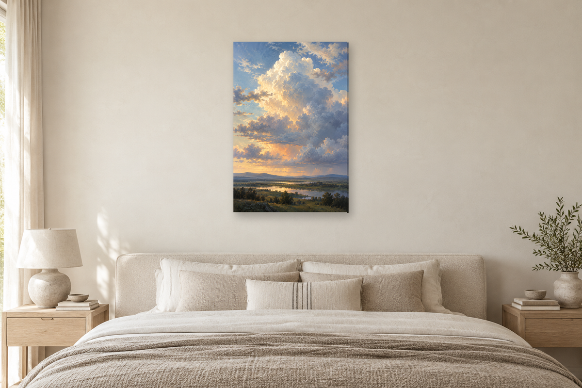 Cloud Study in a bedroom — interior mockup with the complete original artwork