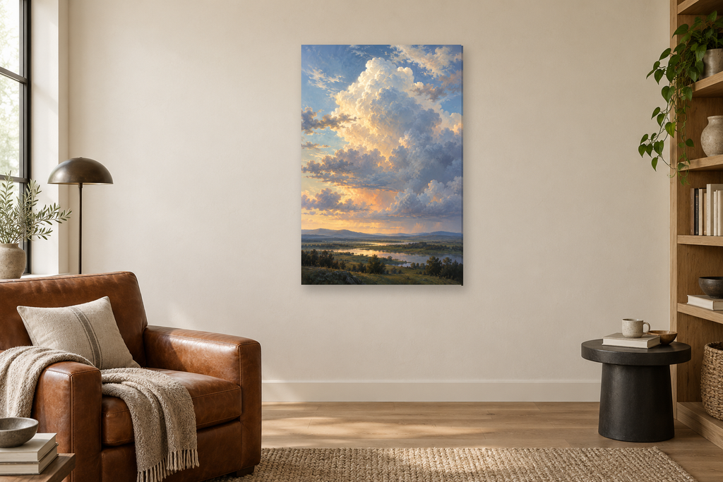 Cloud Study in a reading corner — interior mockup with the complete original artwork