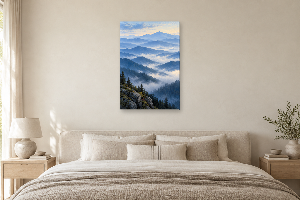 Blue Mountains in a bedroom — interior mockup with the complete original artwork