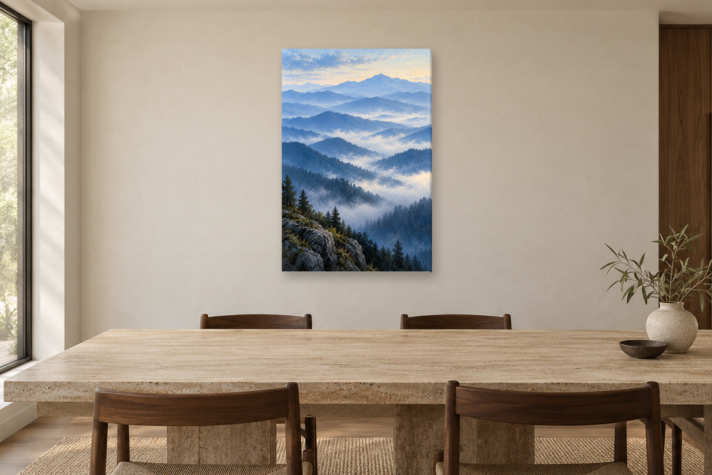 Blue Mountains in a dining room — interior mockup with the complete original artwork
