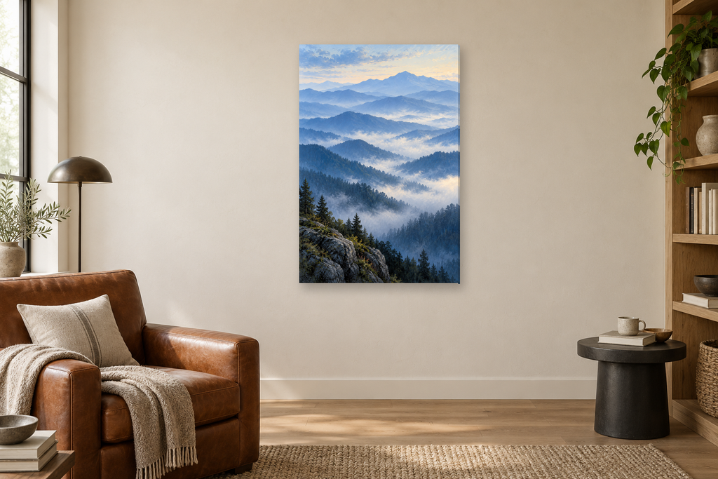 Blue Mountains in a reading corner — interior mockup with the complete original artwork