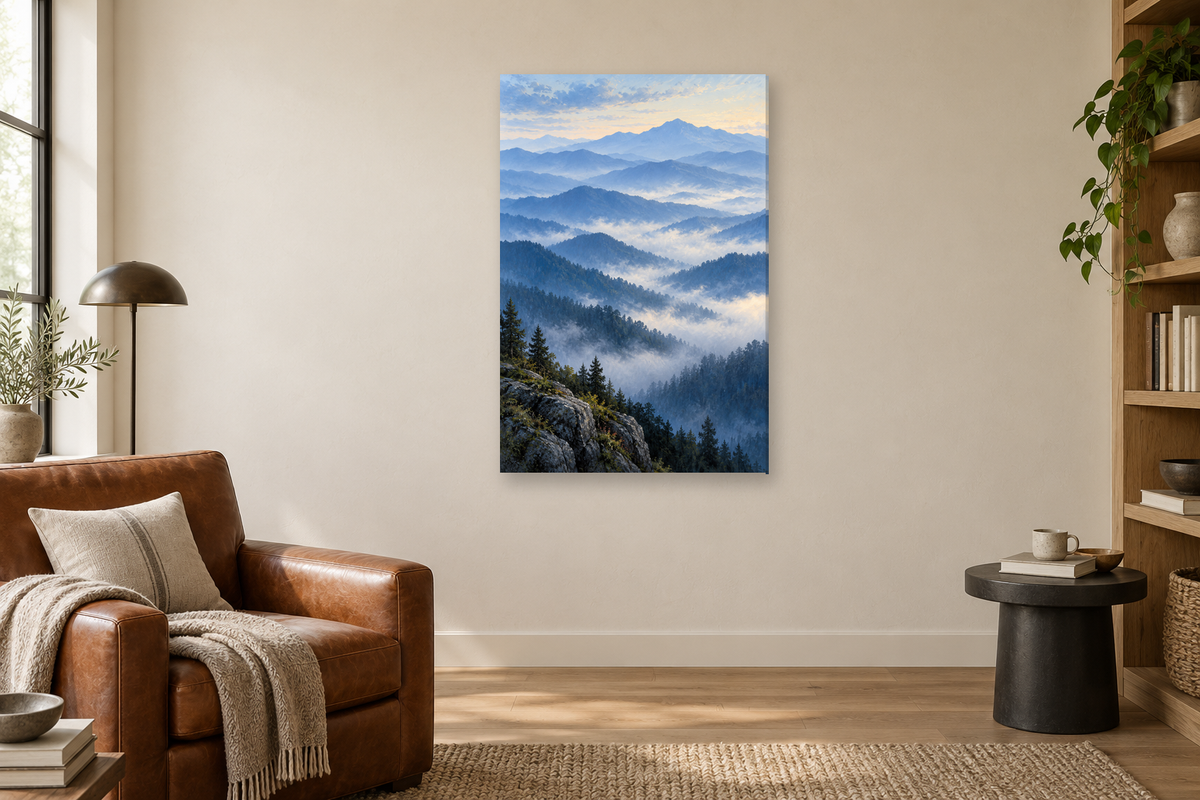 Blue Mountains in a reading corner — interior mockup with the complete original artwork