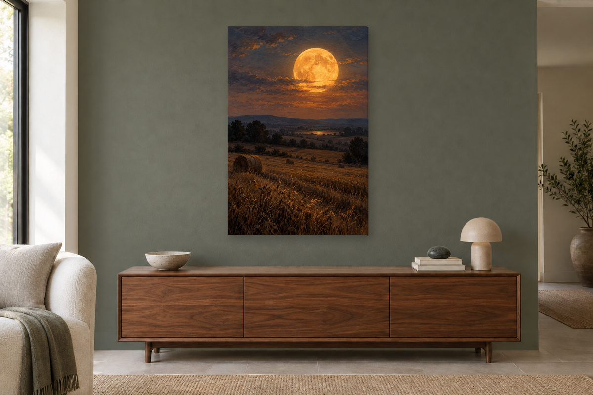 Harvest Moon in a living room — interior mockup with the complete original artwork