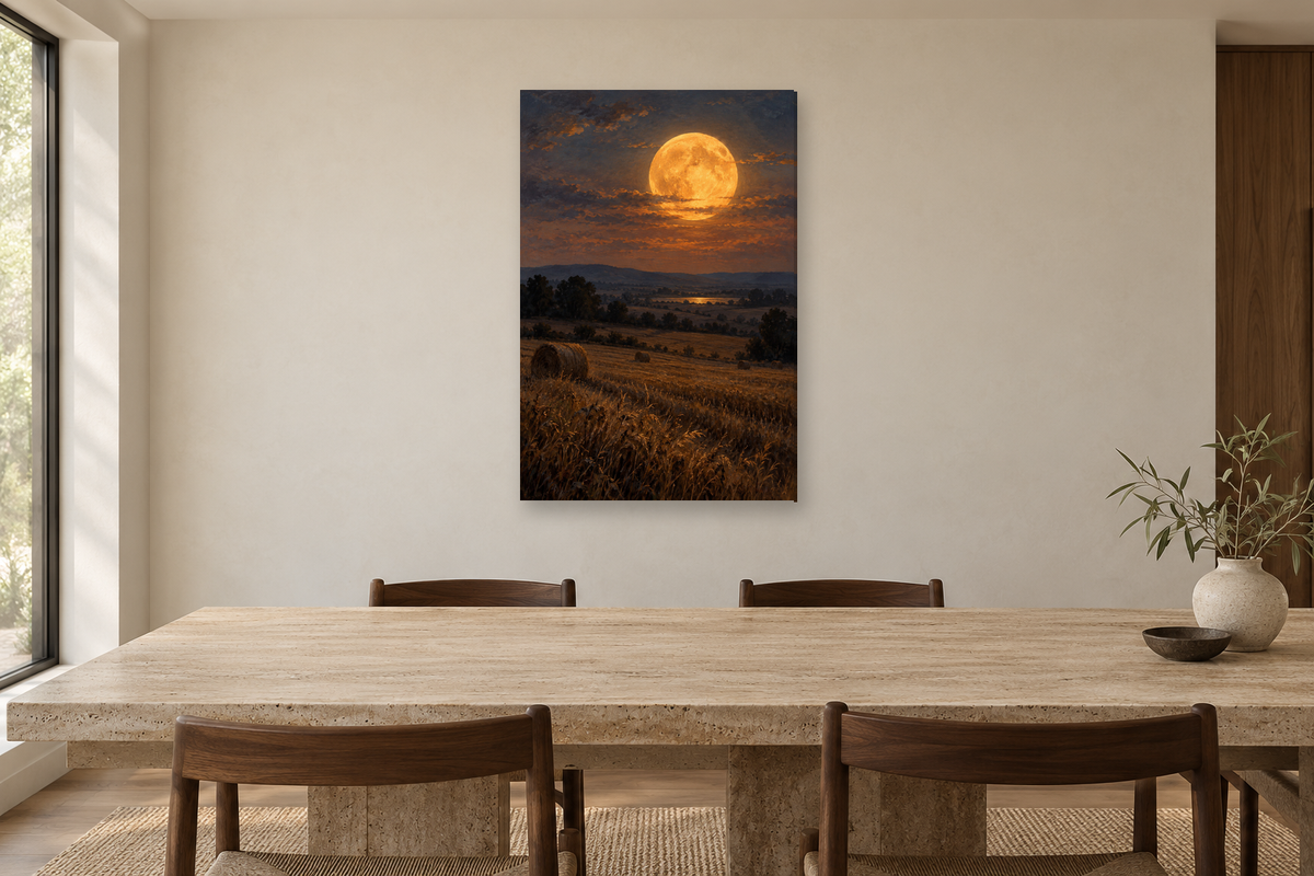 Harvest Moon in a dining room — interior mockup with the complete original artwork