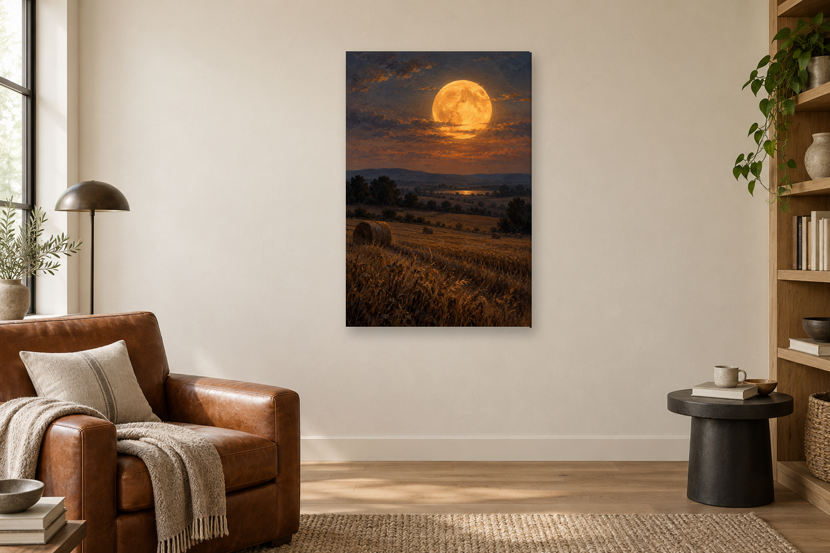 Harvest Moon in a reading corner — interior mockup with the complete original artwork