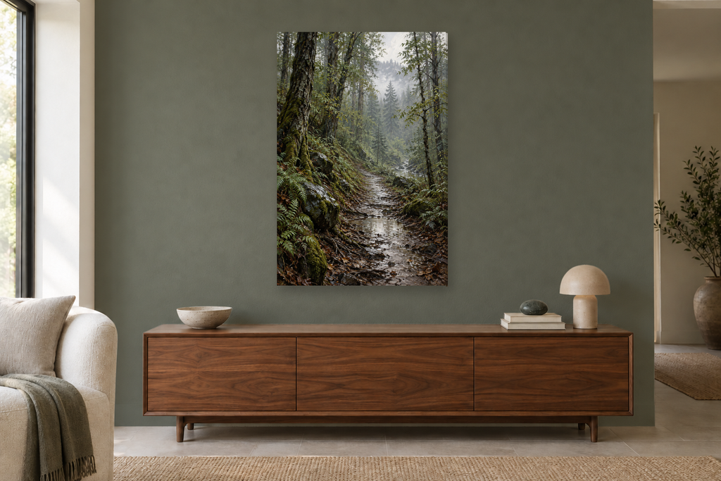 Rainwashed Woods in a living room — interior mockup with the complete original artwork
