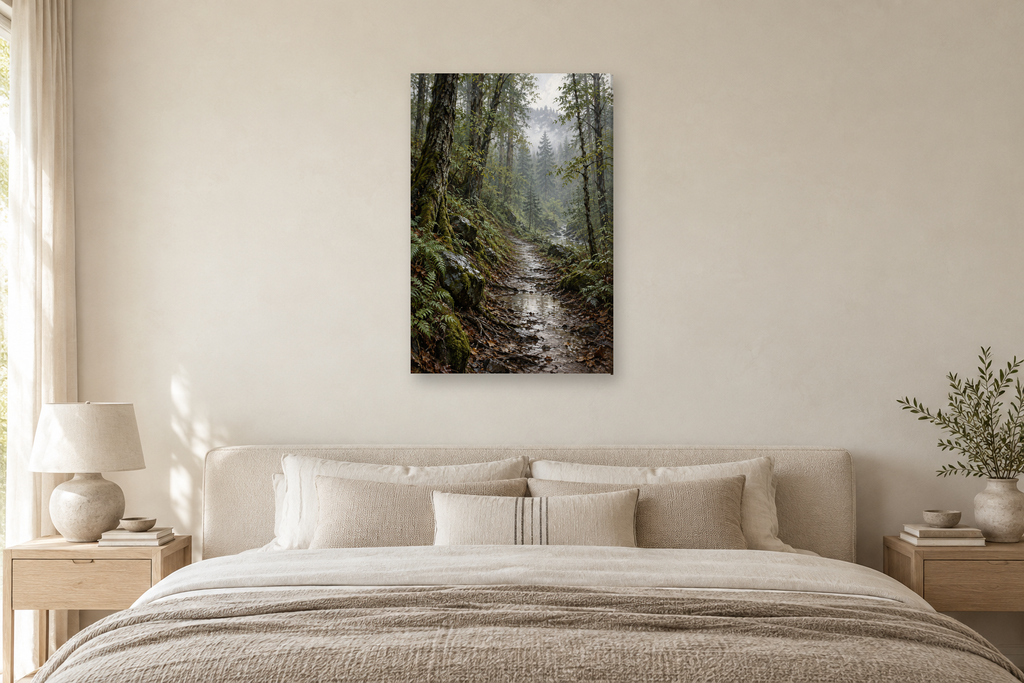 Rainwashed Woods in a bedroom — interior mockup with the complete original artwork