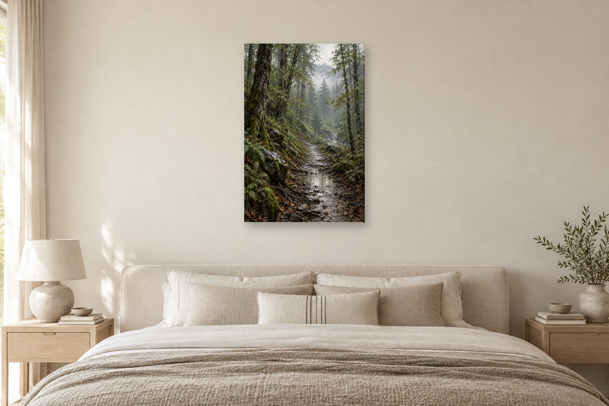 Rainwashed Woods in a bedroom — interior mockup with the complete original artwork