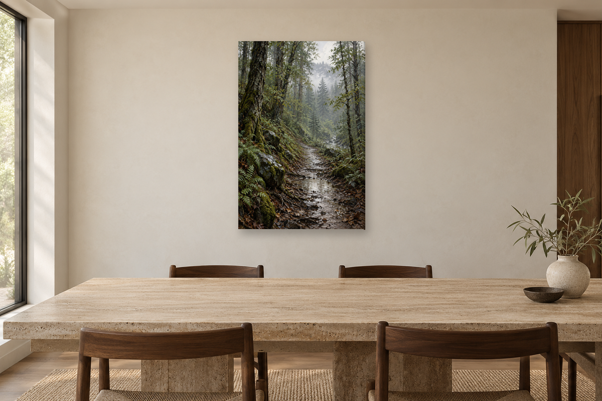 Rainwashed Woods in a dining room — interior mockup with the complete original artwork