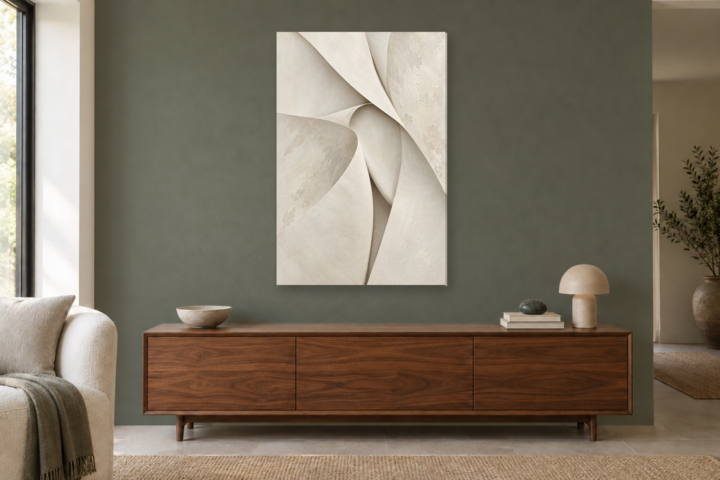 Linen Fold in a living room — interior mockup with the complete original artwork