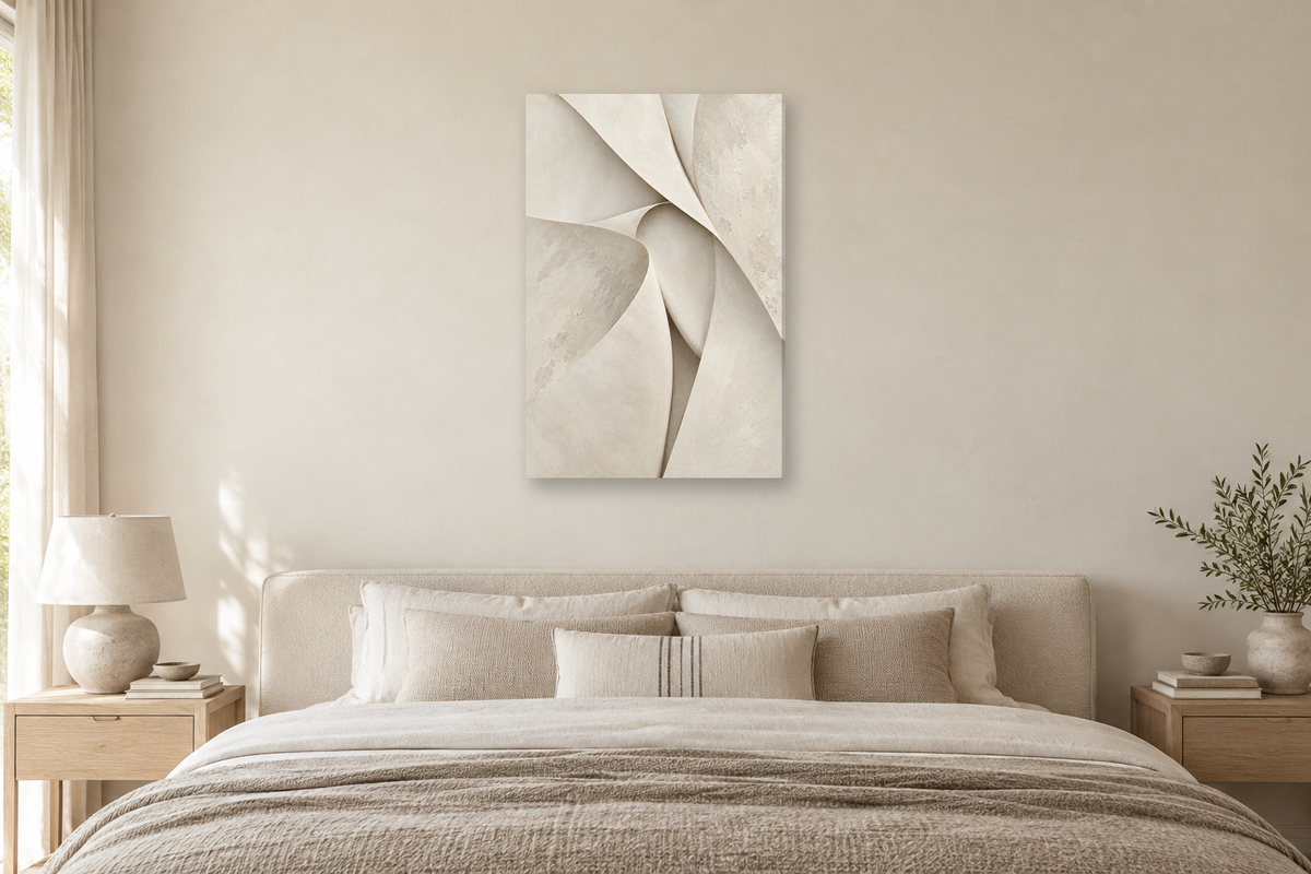Linen Fold in a bedroom — interior mockup with the complete original artwork