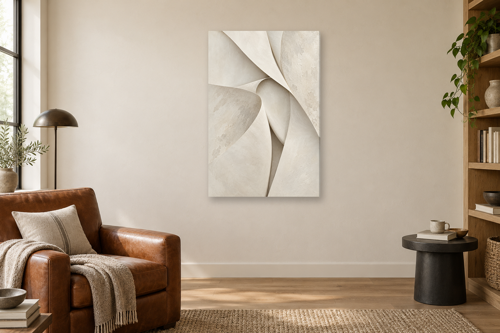 Linen Fold in a reading corner — interior mockup with the complete original artwork