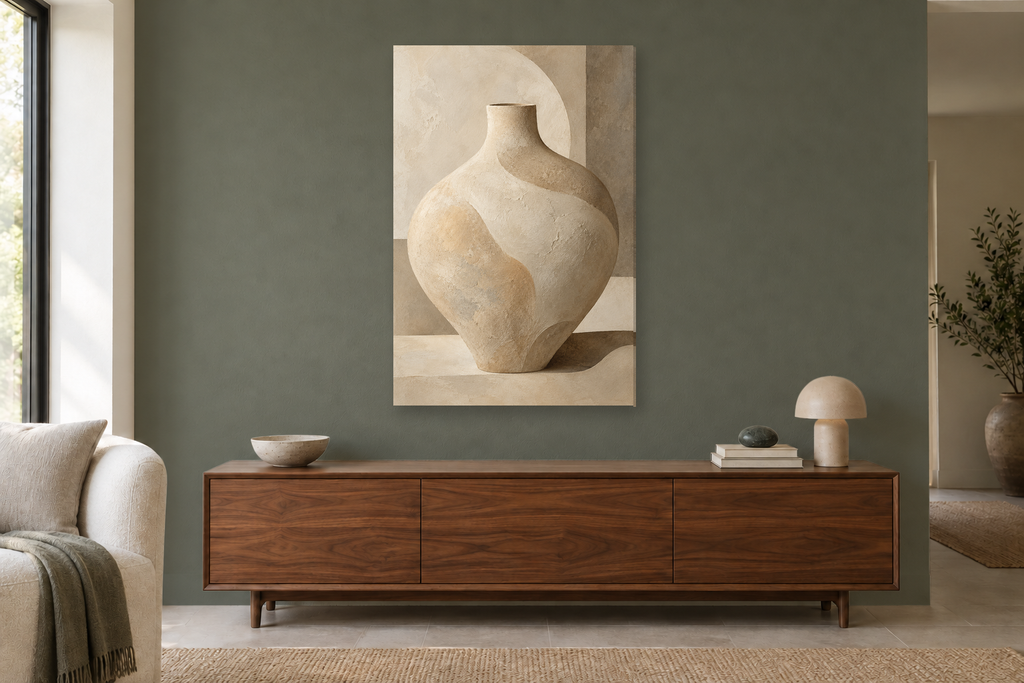 Sand Vessel in a living room — interior mockup with the complete original artwork