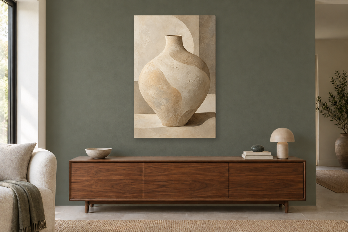 Sand Vessel in a living room — interior mockup with the complete original artwork