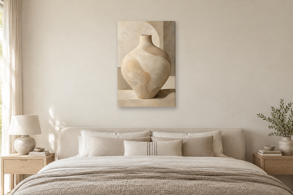 Sand Vessel in a bedroom — interior mockup with the complete original artwork