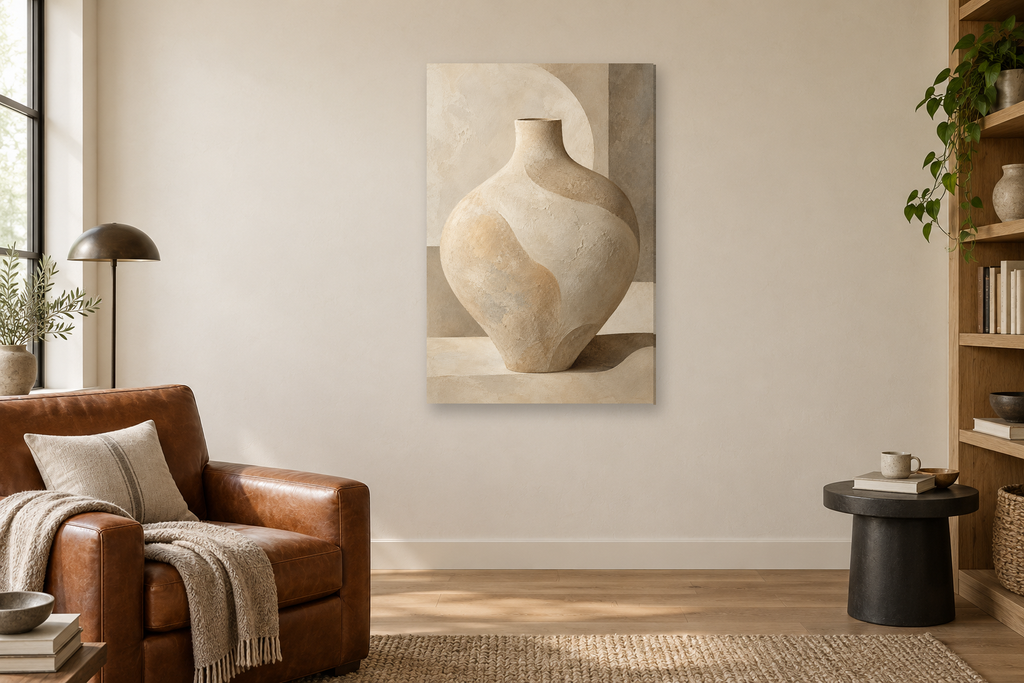 Sand Vessel in a reading corner — interior mockup with the complete original artwork