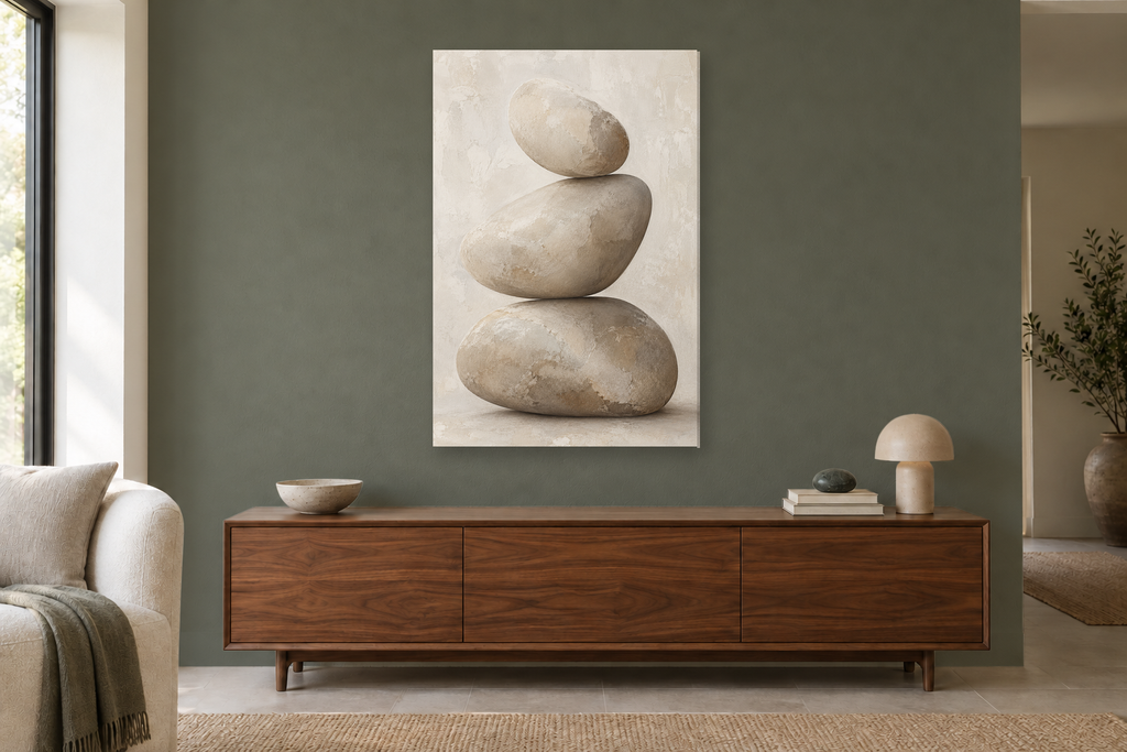 Pebble Balance in a living room — interior mockup with the complete original artwork