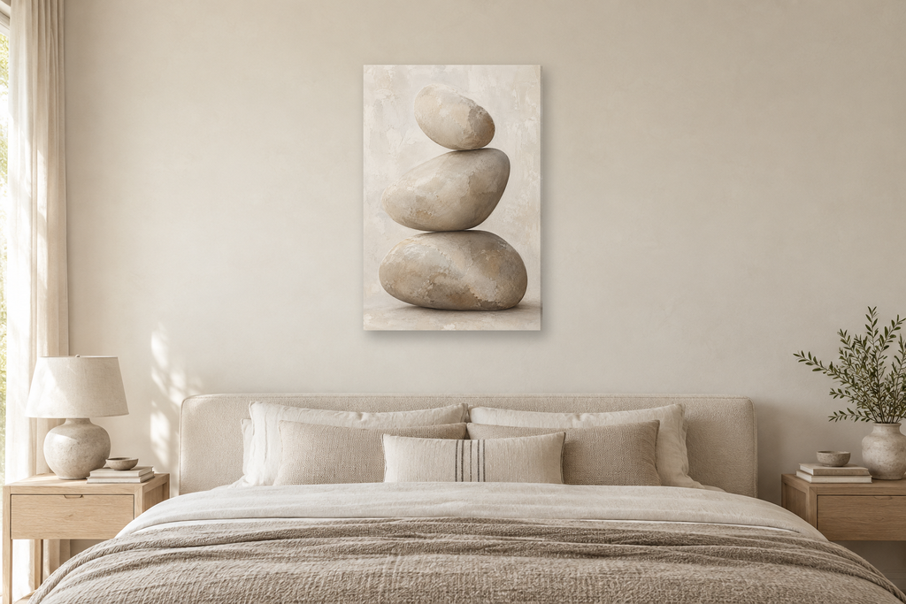 Pebble Balance in a bedroom — interior mockup with the complete original artwork