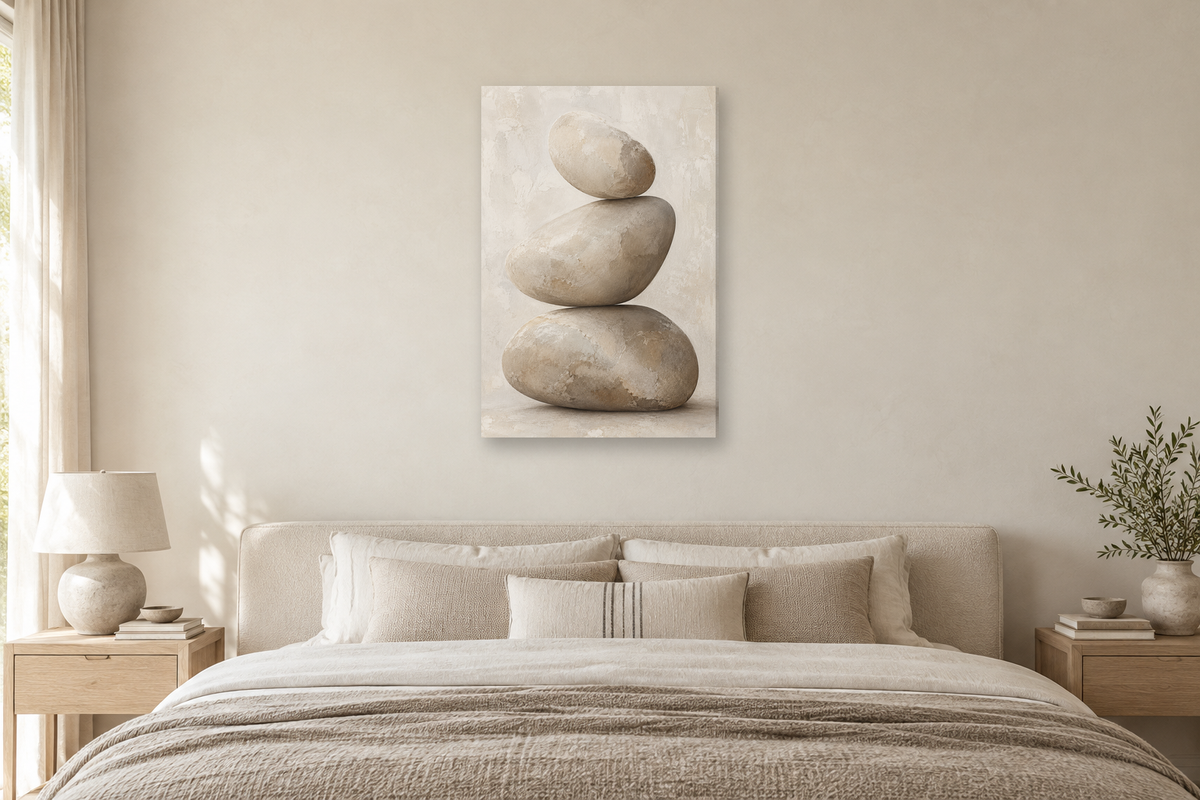 Pebble Balance in a bedroom — interior mockup with the complete original artwork
