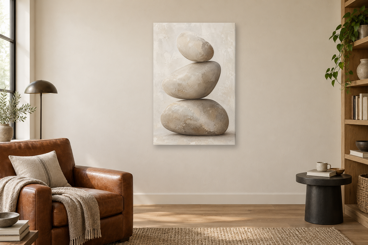Pebble Balance in a reading corner — interior mockup with the complete original artwork