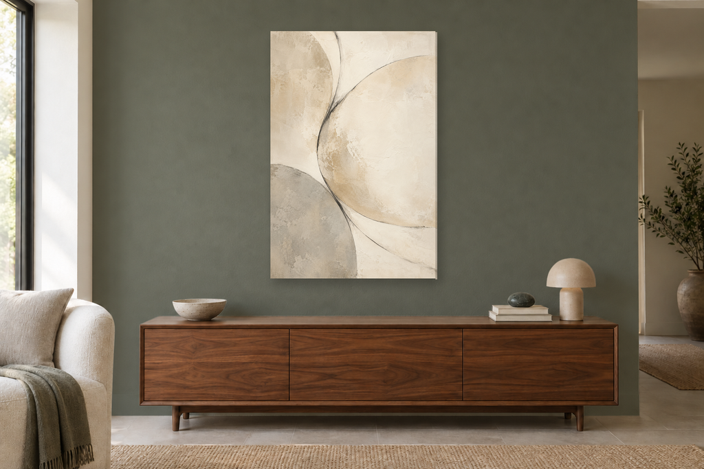 Warm Silence in a living room — interior mockup with the complete original artwork