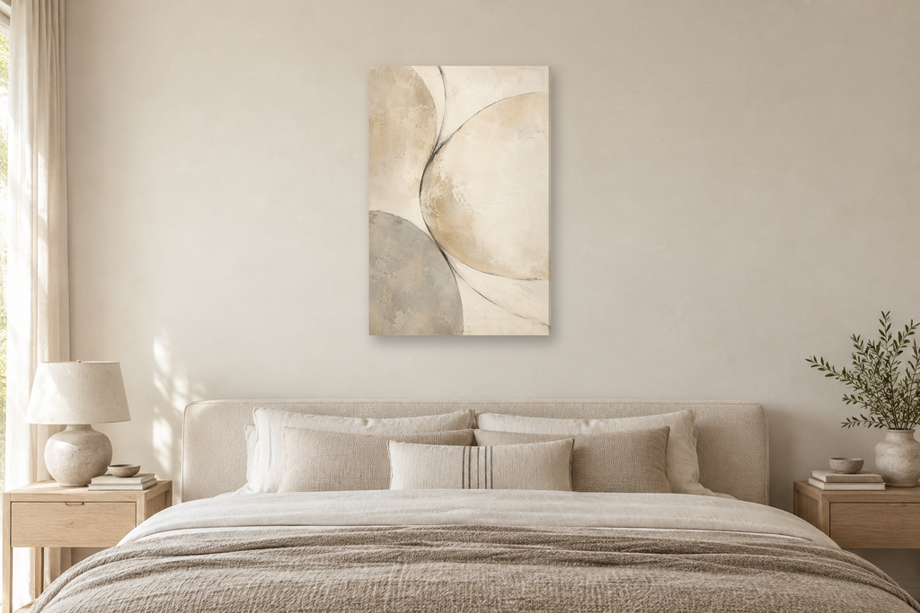 Warm Silence in a bedroom — interior mockup with the complete original artwork