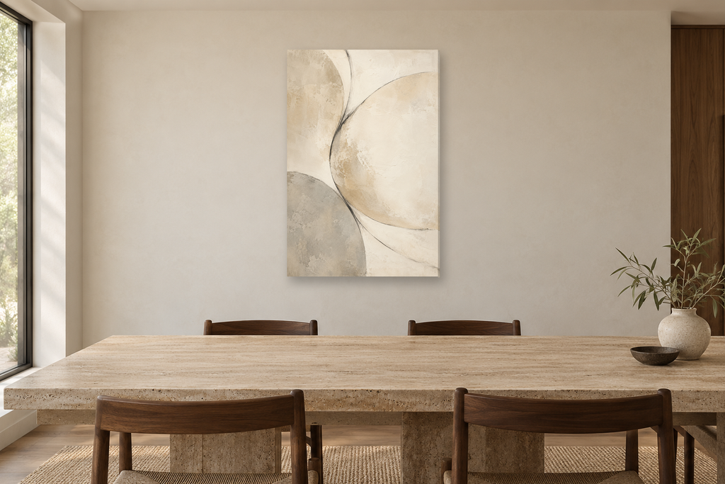 Warm Silence in a dining room — interior mockup with the complete original artwork