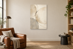 Warm Silence in a reading corner — interior mockup with the complete original artwork