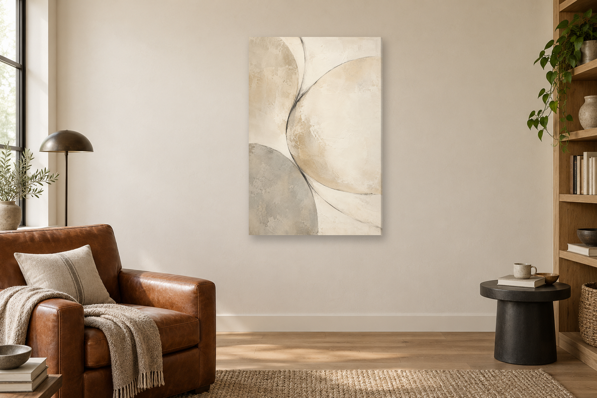 Warm Silence in a reading corner — interior mockup with the complete original artwork