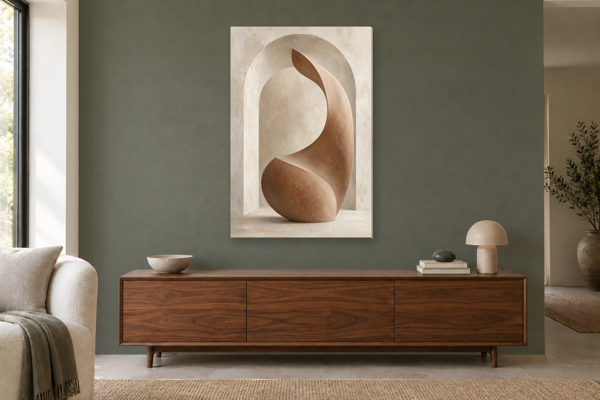 Clay Passage in a living room — interior mockup with the complete original artwork
