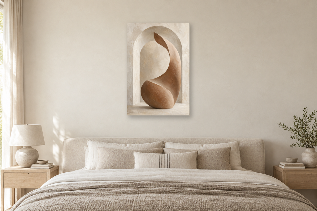 Clay Passage in a bedroom — interior mockup with the complete original artwork