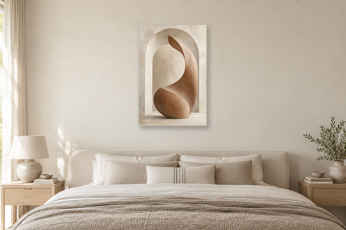 Clay Passage in a bedroom — interior mockup with the complete original artwork