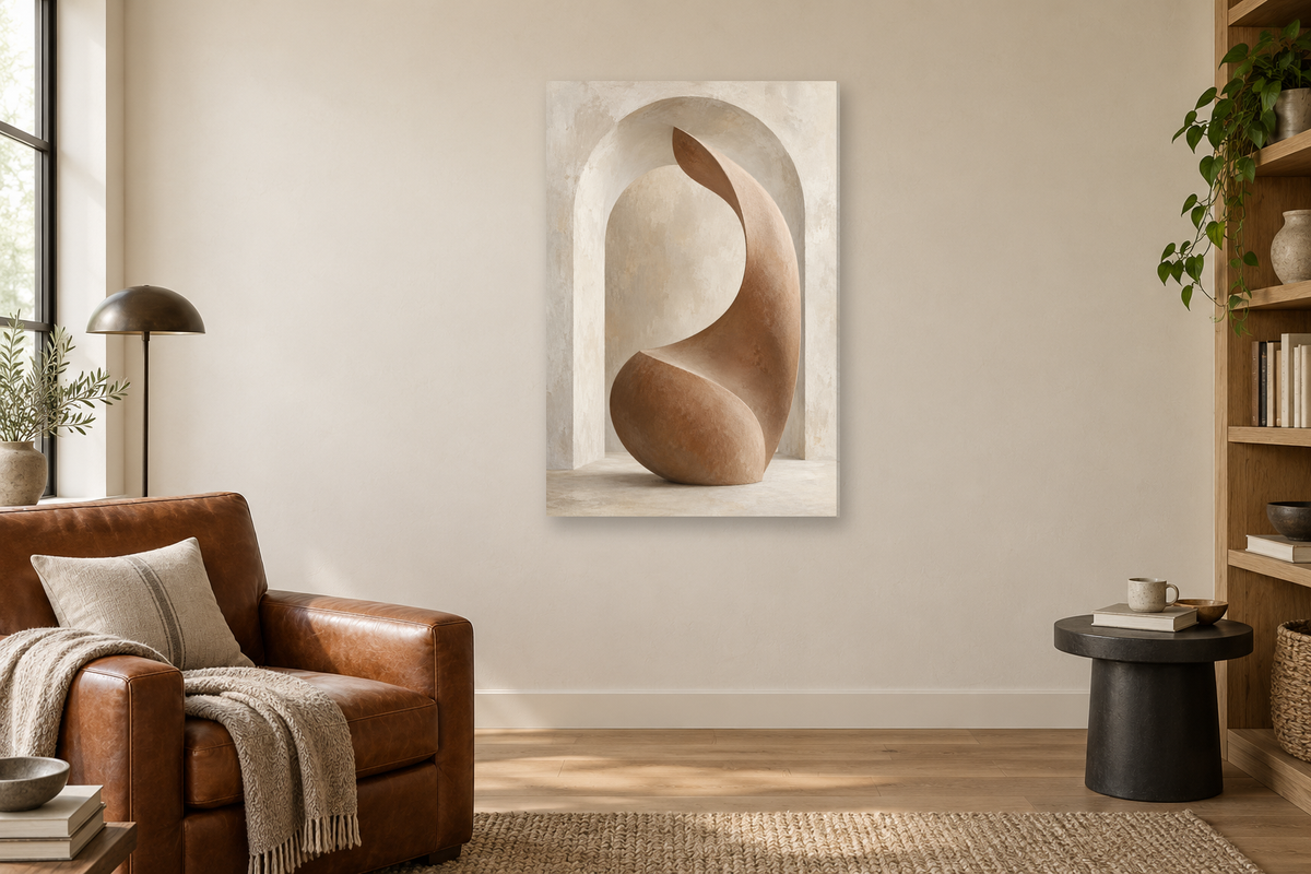 Clay Passage in a reading corner — interior mockup with the complete original artwork