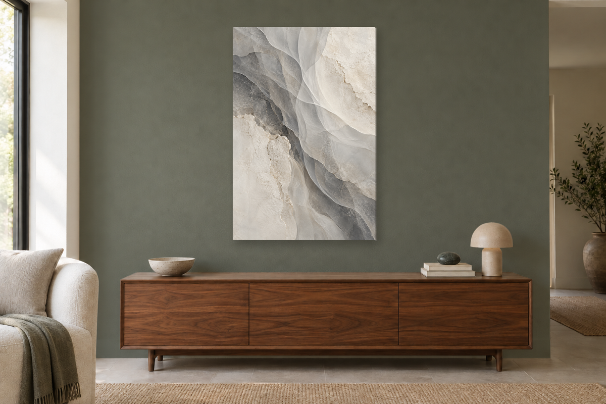 Stone Veil in a living room — interior mockup with the complete original artwork