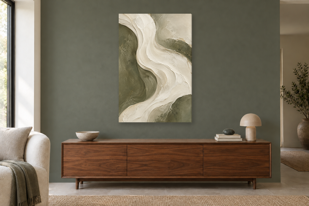 Ivory Current in a living room — interior mockup with the complete original artwork