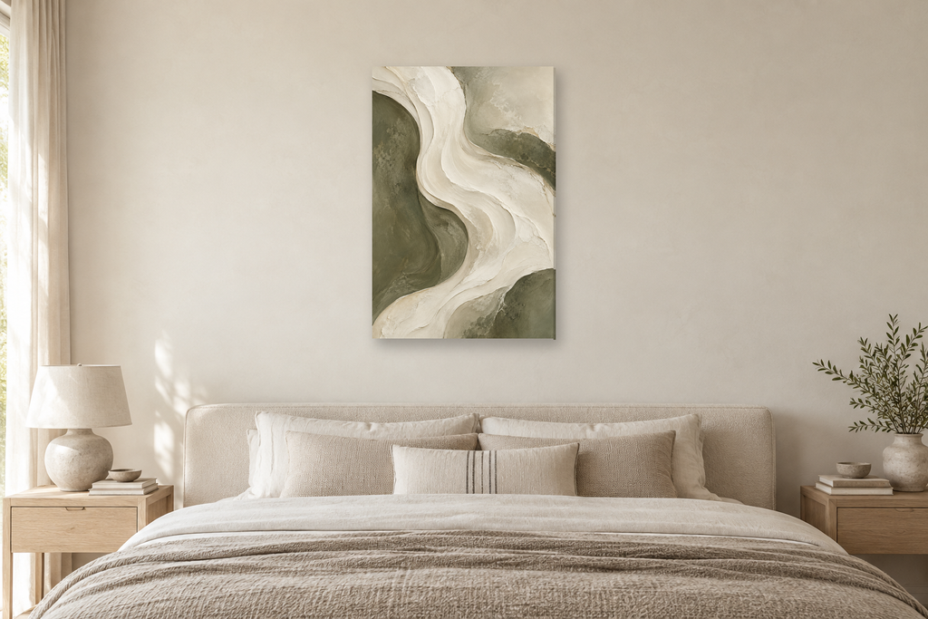 Ivory Current in a bedroom — interior mockup with the complete original artwork