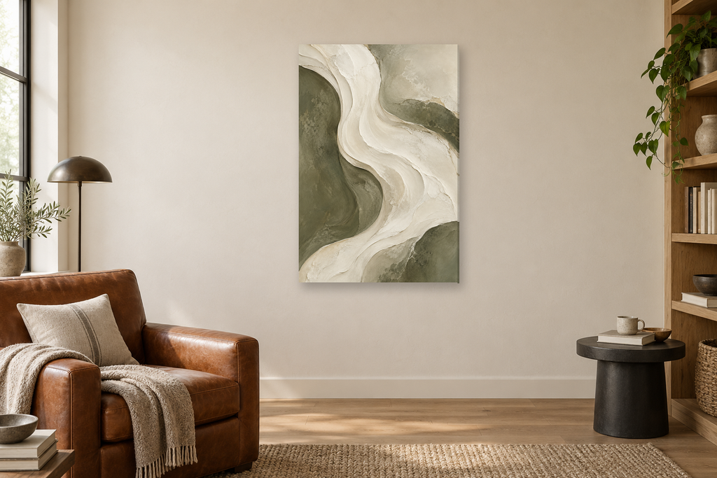 Ivory Current in a reading corner — interior mockup with the complete original artwork