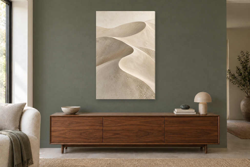 Dune Contour in a living room — interior mockup with the complete original artwork