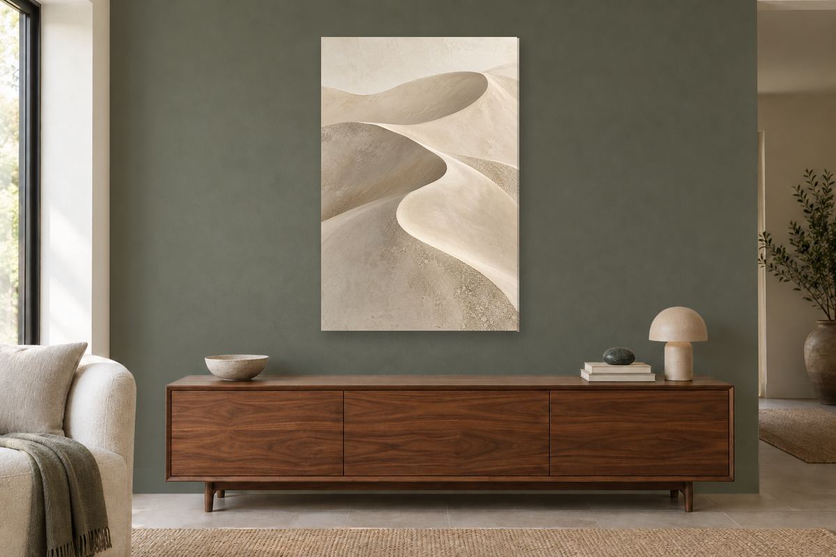 Dune Contour in a living room — interior mockup with the complete original artwork