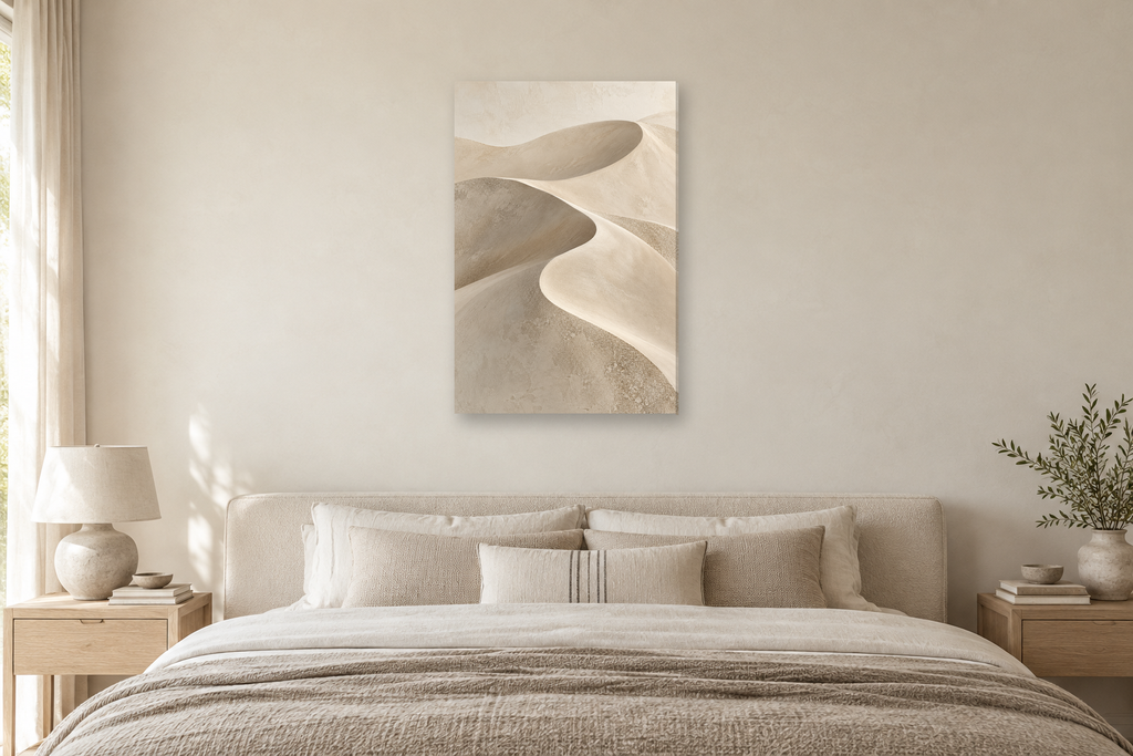 Dune Contour in a bedroom — interior mockup with the complete original artwork