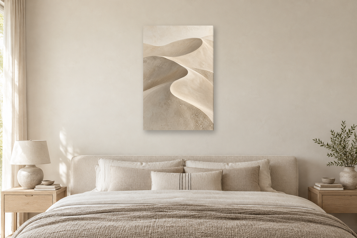 Dune Contour in a bedroom — interior mockup with the complete original artwork