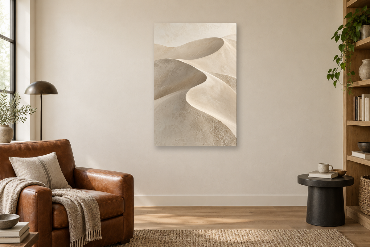 Dune Contour in a reading corner — interior mockup with the complete original artwork