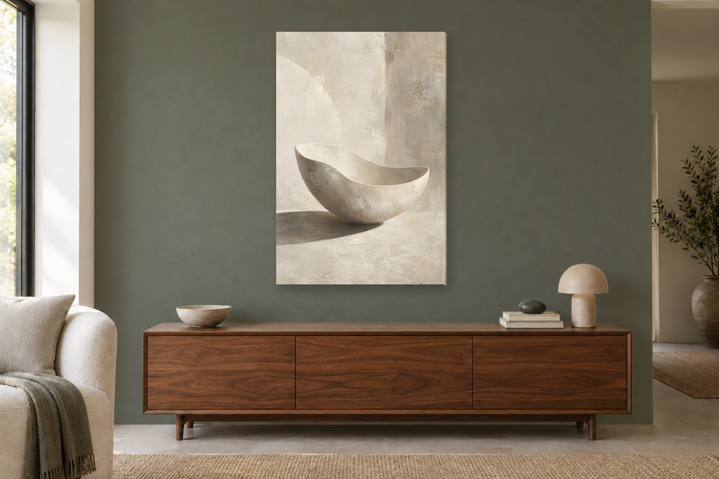 Porcelain Shadow in a living room — interior mockup with the complete original artwork