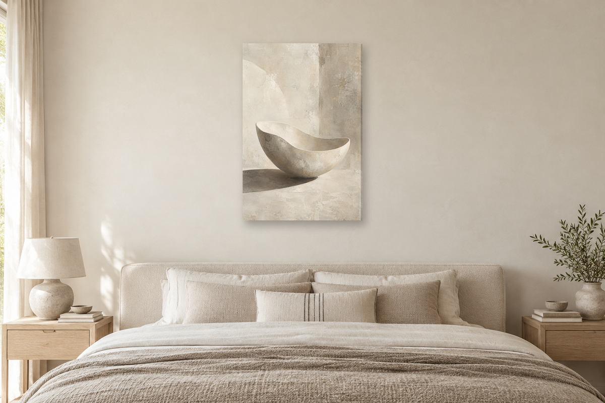 Porcelain Shadow in a bedroom — interior mockup with the complete original artwork