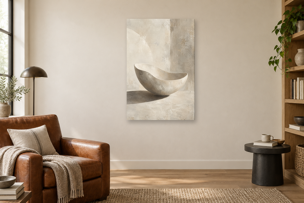 Porcelain Shadow in a reading corner — interior mockup with the complete original artwork